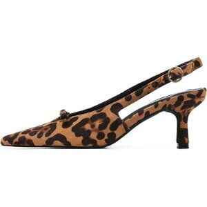 Women's Leopard Print Slingback Pointed Toe Ankle Strap Kitten Bow Heel Pumps